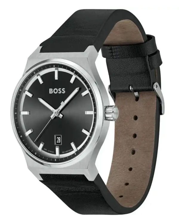 Montre homme Hugo Boss 44 mm réf. 1514075, cadran noir, bracelet cuir – vue de trois-quarts