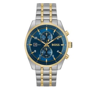 Montre homme Hugo Boss 44 mm réf. 1514247, cadran bleu, bracelet acier, mouvement quartz chronographe – vue de face | Horlova Maroc
