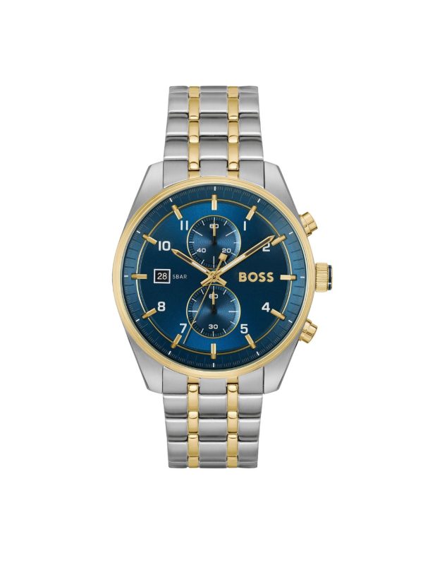 Montre homme Hugo Boss 44 mm réf. 1514247, cadran bleu, bracelet acier, mouvement quartz chronographe – vue de face | Horlova Maroc