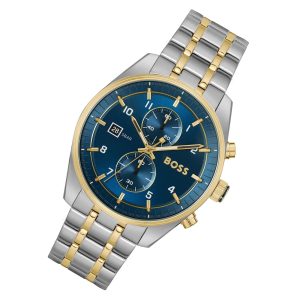 Montre homme Hugo Boss 44 mm réf. 1514247, cadran bleu, bracelet acier – vue de trois-quarts