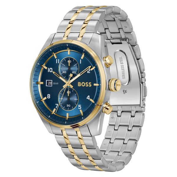 Montre homme Hugo Boss 44 mm réf. 1514247, cadran bleu, bracelet acier, mouvement quartz chronographe – autre angle