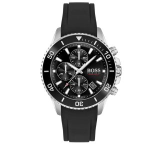 Montre homme Hugo Boss Admiral 46 mm réf. 1513912, cadran noir, bracelet silicone – vue de face | Horlova Maroc