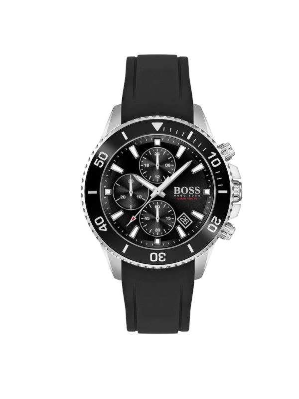Montre homme Hugo Boss Admiral 46 mm réf. 1513912, cadran noir, bracelet silicone – vue de face | Horlova Maroc