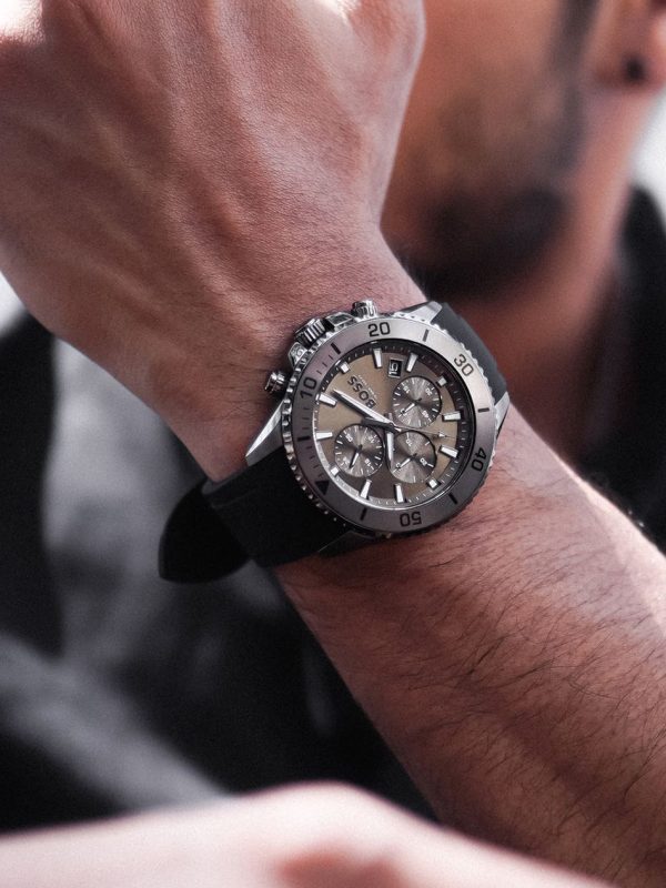 Montre homme Hugo Boss Admiral réf. 1513967, chronographe quartz, boîtier 46 mm, acier inoxydable, silicone – vue principale, Horlova Maroc
