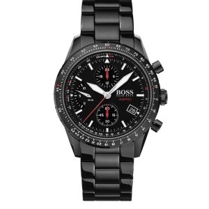 Montre homme Hugo Boss Aero 44 mm réf. 1513771, cadran noir, mouvement quartz – vue de face | Horlova Maroc