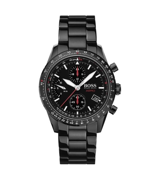Montre homme Hugo Boss Aero 44 mm réf. 1513771, cadran noir, mouvement quartz – vue de face | Horlova Maroc