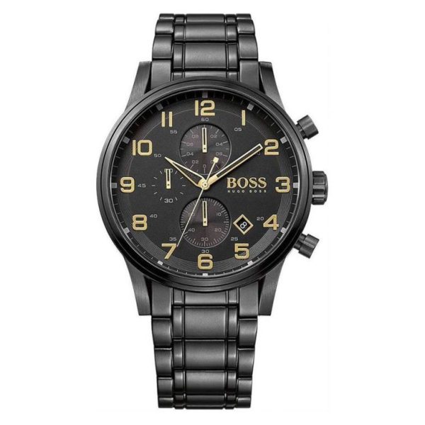 Montre homme Hugo Boss Aeroliner réf. 1513275, chronographe quartz, boîtier 44 mm, acier inoxydable, cuir – vue principale, Horlova Maroc