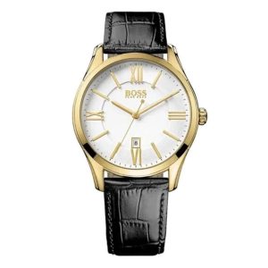 Montre homme Hugo Boss Ambassador 43 mm réf. 1513020, cadran blanc, bracelet cuir, mouvement quartz – vue de face | Horlova Maroc