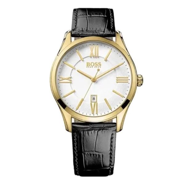 Montre homme Hugo Boss Ambassador 43 mm réf. 1513020, cadran blanc, bracelet cuir, mouvement quartz – vue de face | Horlova Maroc