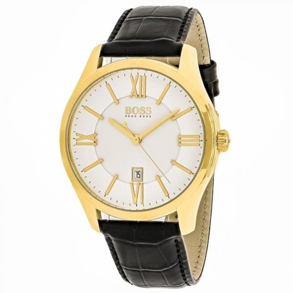 Montre homme Hugo Boss Ambassador 43 mm réf. 1513020, cadran blanc, bracelet cuir – vue de trois-quarts