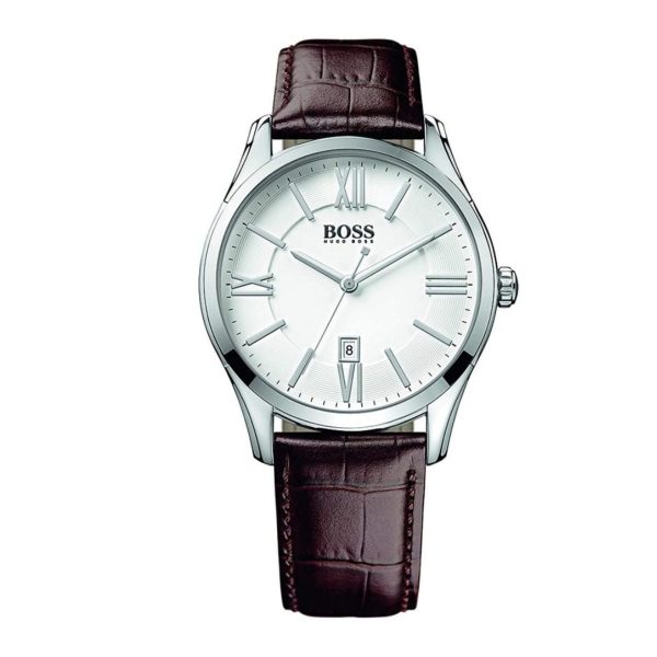 Montre homme Hugo Boss Ambassador 43 mm réf. 1513021, cadran blanc, bracelet cuir, mouvement quartz – vue de face | Horlova Maroc