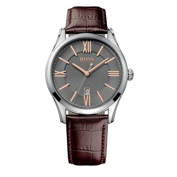 Montre homme Hugo Boss Ambassador 43 mm réf. 1513041, cadran gris, mouvement quartz – vue de face | Horlova Maroc