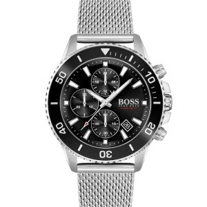 Montre homme Hugo Boss Amiral 46 mm réf. 1513904, cadran noir, bracelet acier, mouvement quartz chronographe – vue de face | Horlova Maroc