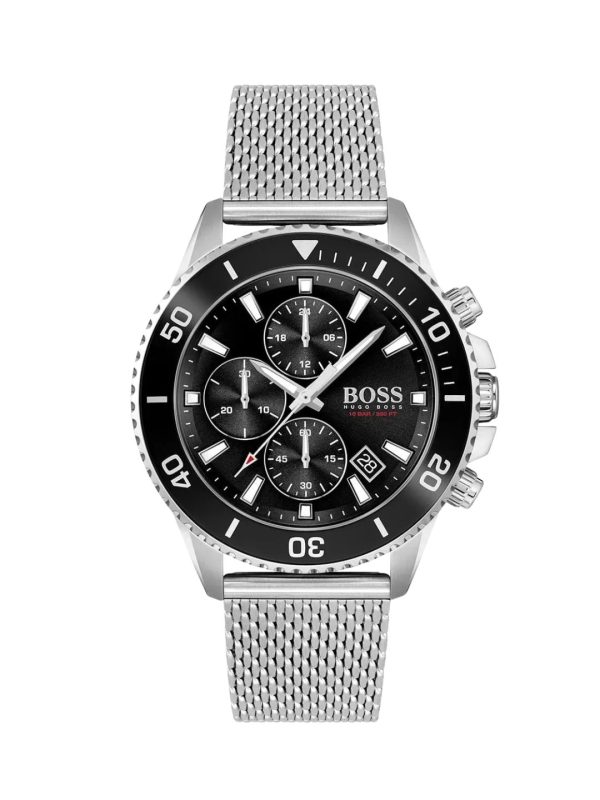 Montre homme Hugo Boss Amiral 46 mm réf. 1513904, cadran noir, bracelet acier, mouvement quartz chronographe – vue de face | Horlova Maroc