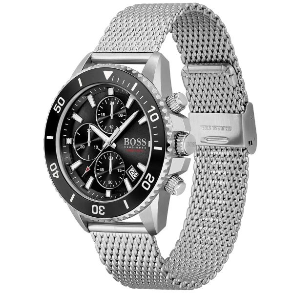 Montre homme Hugo Boss Amiral 46 mm réf. 1513904, cadran noir, bracelet acier – vue de trois-quarts