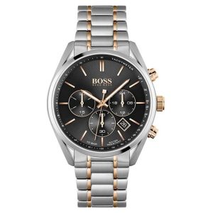 Montre homme Hugo Boss Champion réf. 1513819, cadran noir, bracelet acier, mouvement quartz chronographe – vue de face | Horlova Maroc