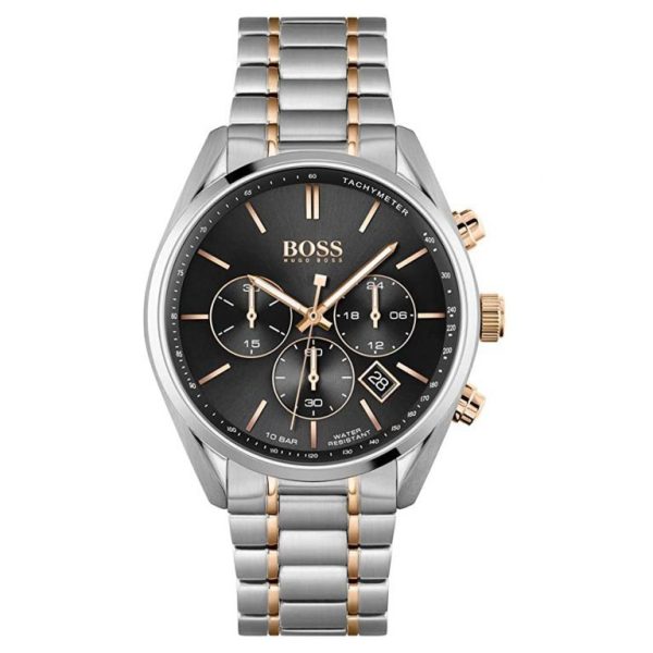 Montre homme Hugo Boss Champion réf. 1513819, cadran noir, bracelet acier, mouvement quartz chronographe – vue de face | Horlova Maroc