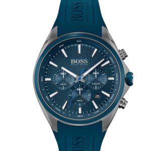 Montre homme Hugo Boss Distinct 46 mm réf. 1513856, cadran bleu, bracelet caoutchouc, mouvement quartz – vue de face | Horlova Maroc