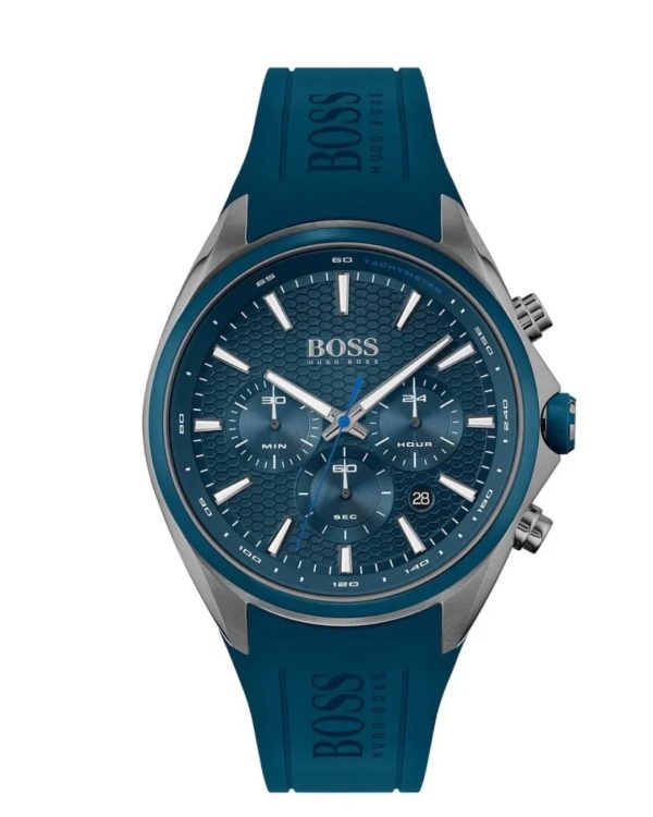 Montre homme Hugo Boss Distinct 46 mm réf. 1513856, cadran bleu, bracelet caoutchouc, mouvement quartz – vue de face | Horlova Maroc