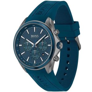 Montre homme Hugo Boss Distinct 46 mm réf. 1513856, cadran bleu, bracelet caoutchouc – vue de trois-quarts
