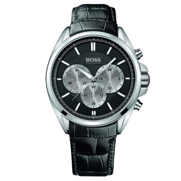 Montre homme Hugo Boss Driver 44 mm réf. 1512879, cadran noir, bracelet cuir, mouvement quartz chronographe – vue de face | Horlova Maroc