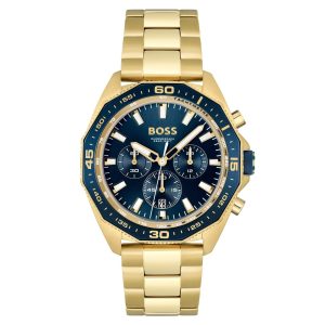Montre homme Hugo Boss Energy 44 mm réf. 1513973, cadran bleu, bracelet acier, mouvement quartz – vue de face | Horlova Maroc