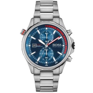 Montre homme Hugo Boss Globetrotter réf. 1513823, bracelet acier, mouvement quartz chronographe – vue de face | Horlova Maroc