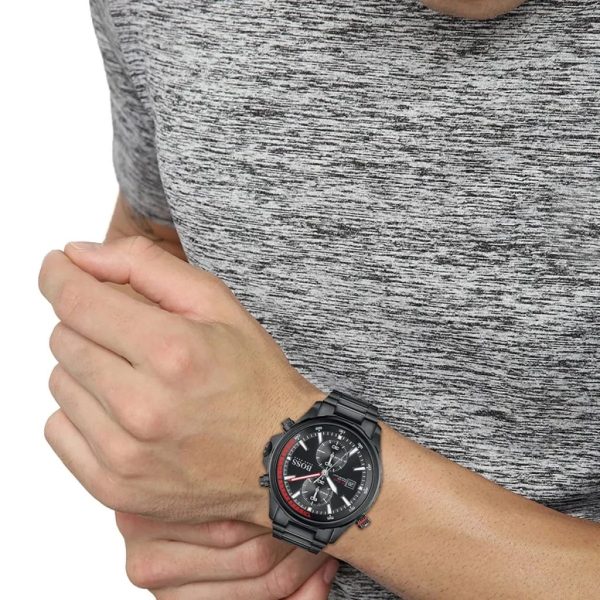 Montre homme Hugo Boss Globetrotter réf. 1513825, chronographe quartz, boîtier 46 mm, acier inoxydable – vue principale, Horlova Maroc