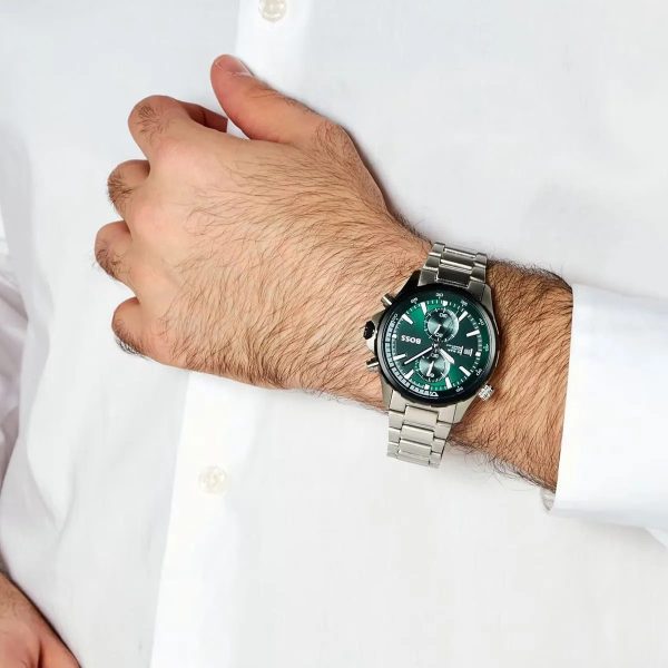 Montre homme Hugo Boss Globetrotter réf. 1513930, chronographe quartz, boîtier 46 mm, acier inoxydable – vue principale, Horlova Maroc