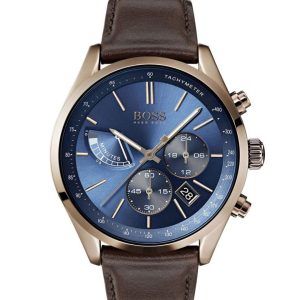 Montre homme Hugo Boss Grand Prix 44 mm réf. 1513604, cadran bleu, bracelet cuir, mouvement quartz – vue de face | Horlova Maroc