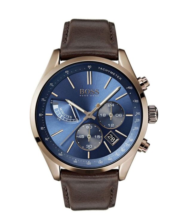 Montre homme Hugo Boss Grand Prix 44 mm réf. 1513604, cadran bleu, bracelet cuir, mouvement quartz – vue de face | Horlova Maroc