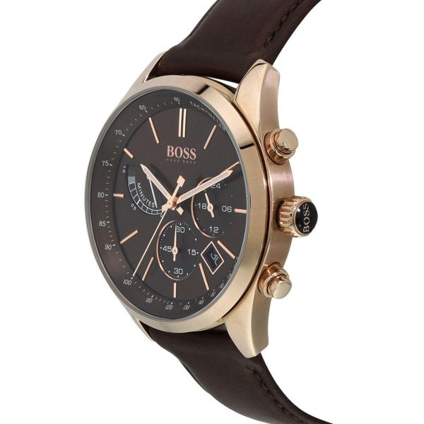 Montre homme Hugo Boss Grand Prix 44 mm réf. 1513605, cadran marron, mouvement quartz chronographe – vue de trois-quarts