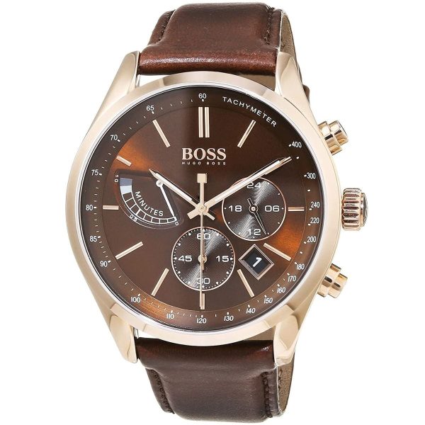 Montre homme Hugo Boss Grand Prix 44 mm réf. 1513605, cadran marron, mouvement quartz chronographe – autre angle
