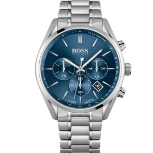 Montre homme Hugo Boss Grand Prix 44 mm réf. 1514226, cadran bleu, bracelet acier – vue de face | Horlova Maroc