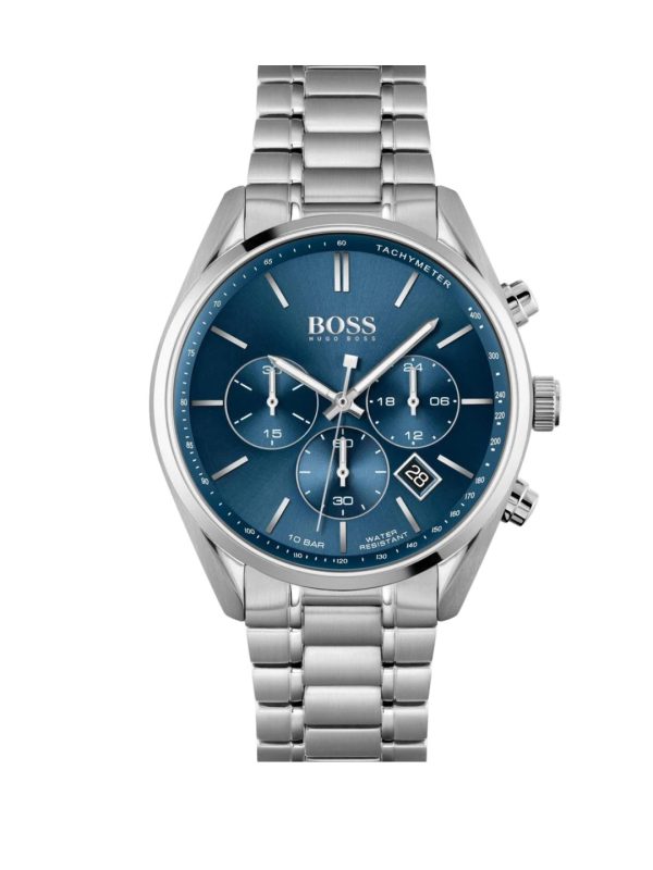 Montre homme Hugo Boss Grand Prix 44 mm réf. 1514226, cadran bleu, bracelet acier – vue de face | Horlova Maroc