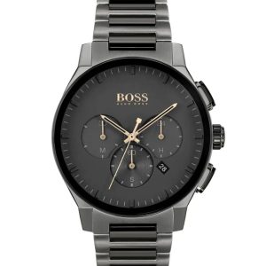 Montre homme Hugo Boss Grandmaster 44 mm réf. 1513814, cadran noir, bracelet acier – vue de face | Horlova Maroc