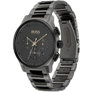 Montre homme Hugo Boss Grandmaster 44 mm réf. 1513814, cadran noir, bracelet acier – vue de trois-quarts