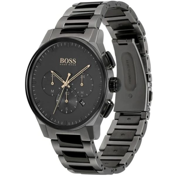 Montre homme Hugo Boss Grandmaster 44 mm réf. 1513814, cadran noir, bracelet acier – vue de trois-quarts