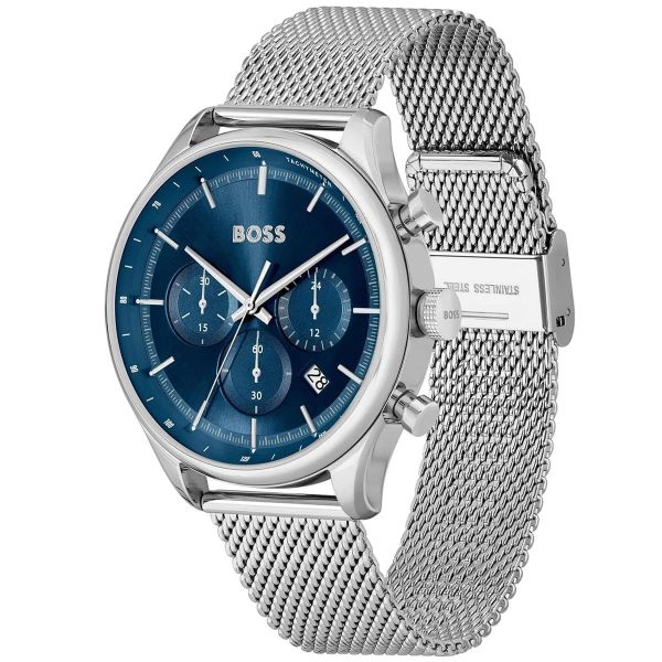 Montre homme Hugo Boss Gregor réf. 1514052, chronographe quartz, boîtier 44 mm, acier inoxydable, maille milanaise – quatrième vue