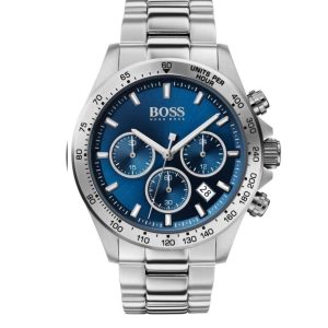 Montre homme Hugo Boss Hero 43 mm réf. 1513755, cadran bleu, mouvement quartz chronographe – vue de face | Horlova Maroc