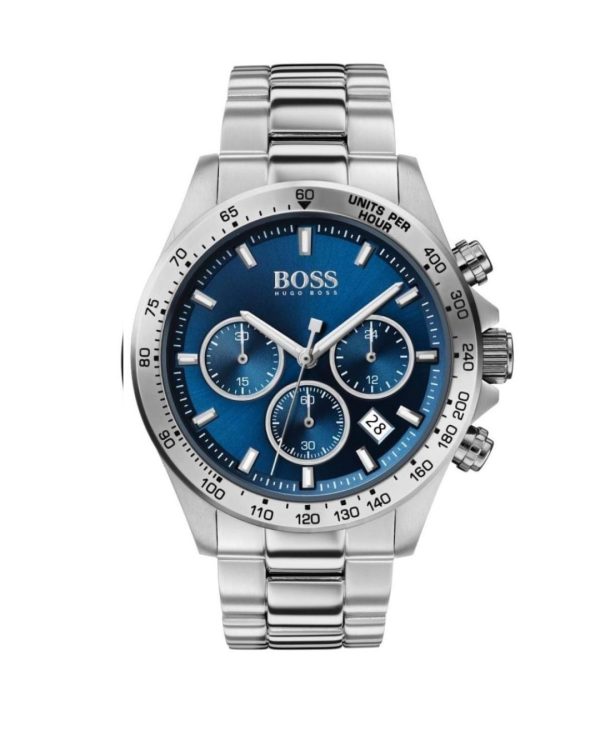 Montre homme Hugo Boss Hero 43 mm réf. 1513755, cadran bleu, mouvement quartz chronographe – vue de face | Horlova Maroc