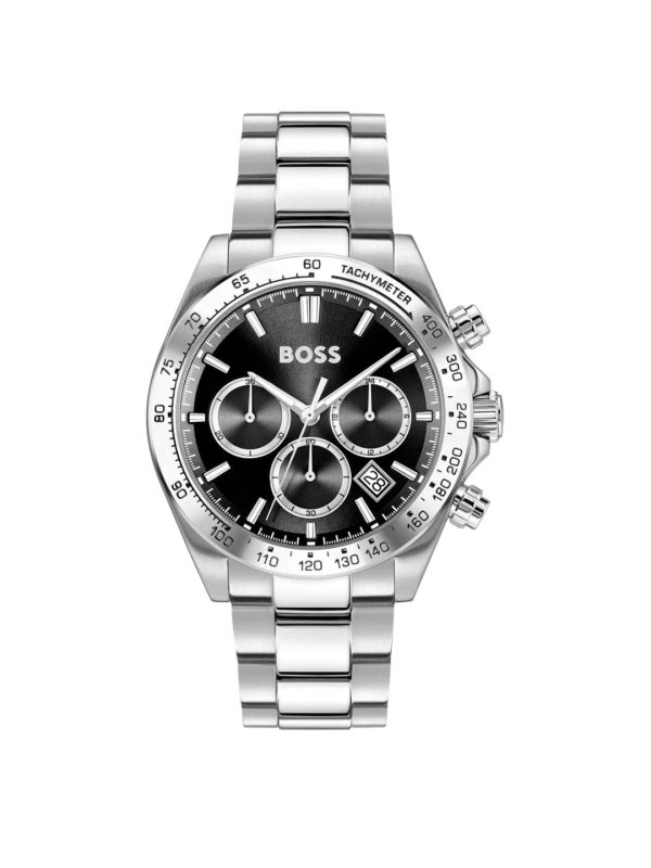 Montre homme Hugo Boss Hero 43 mm réf. 1514267, cadran noir, mouvement quartz chronographe – vue de face | Horlova Maroc