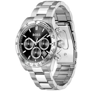 Montre homme Hugo Boss Hero 43 mm réf. 1514267, cadran noir, mouvement quartz chronographe – vue de trois-quarts