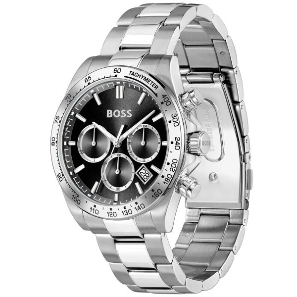 Montre homme Hugo Boss Hero 43 mm réf. 1514267, cadran noir, mouvement quartz chronographe – vue de trois-quarts