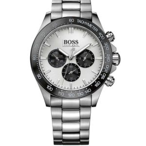 Montre homme Hugo Boss Ikon 44 mm réf. 1512964, cadran argenté, bracelet acier, mouvement quartz – vue de face | Horlova Maroc