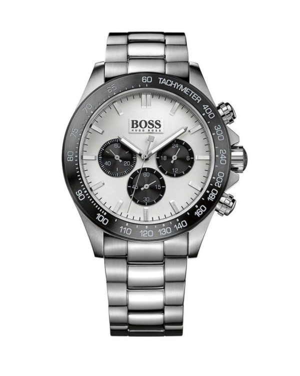 Montre homme Hugo Boss Ikon 44 mm réf. 1512964, cadran argenté, bracelet acier, mouvement quartz – vue de face | Horlova Maroc