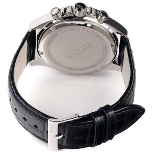 Montre homme Hugo Boss Ikon 44 mm réf. 1513178, cadran noir, bracelet cuir, mouvement quartz – vue de face | Horlova Maroc