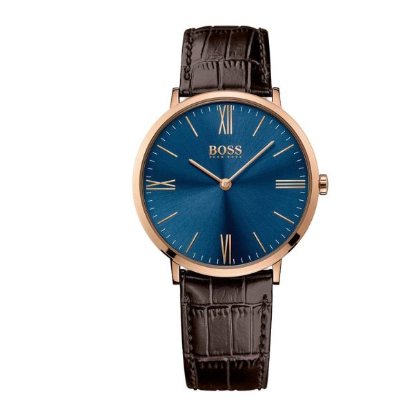 Montre homme Hugo Boss Jackson 40 mm réf. 1513458, cadran bleu, bracelet cuir, mouvement quartz – vue de face | Horlova Maroc