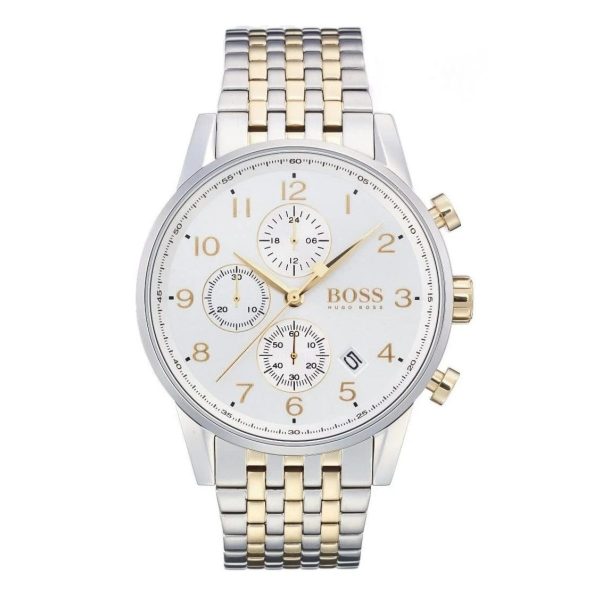 Montre homme Hugo Boss Navigator 44 mm réf. 1513499, cadran argenté, bracelet acier – vue de face | Horlova Maroc