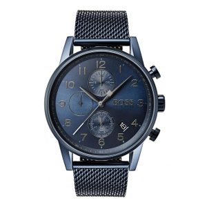 Montre homme Hugo Boss Navigator 44 mm réf. 1513538, cadran bleu, bracelet maille milanaise – vue de face | Horlova Maroc
